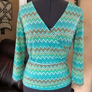 Vintage turquoise zigzag sequin wrap top size s